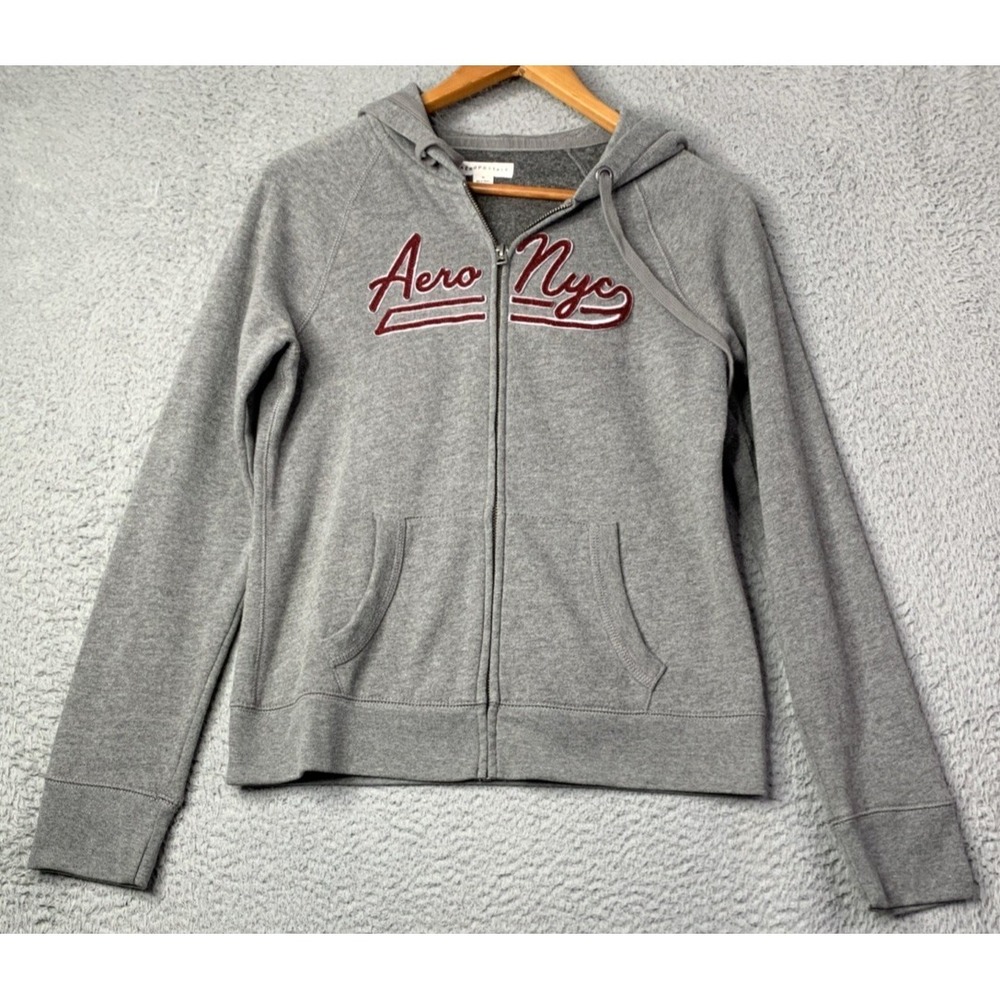 Aeropostale Hoodie Womens Size Medium Gray Full Zip Aero Nyc Logo Fleece Y2K - Picture 1 of 8